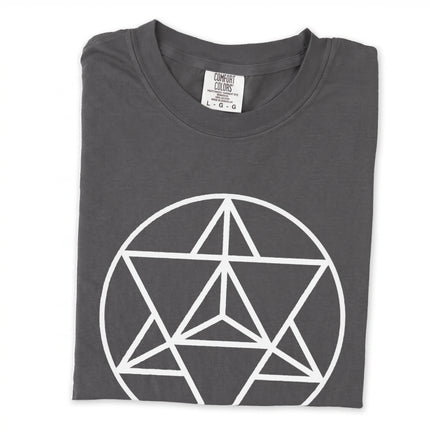 Merkaba sacred geometry star graphic on white long sleeve t-shirt.