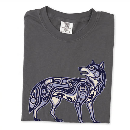 Inuit inspired wolf symbol graphic on a unisex black t-shirt. Tribal animal art tee.