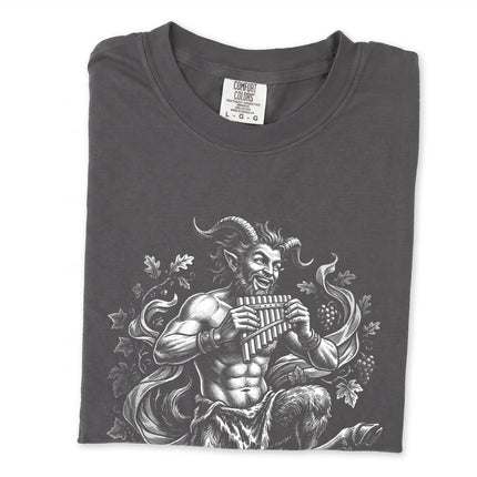 Pan satyr graphic tee featuring Greek mythology art of a flute-playing god.