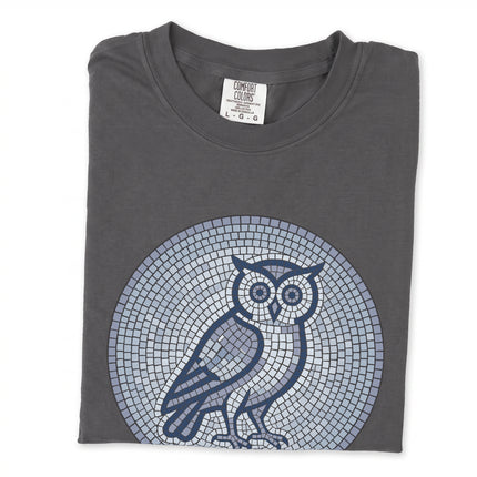 Geometric mosaic owl graphic t-shirt in blue and grey tones. Wisdom design tee.