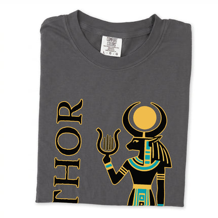 Ancient Egyptian goddess Hathor sun disk print t-shirt featuring mythology art.