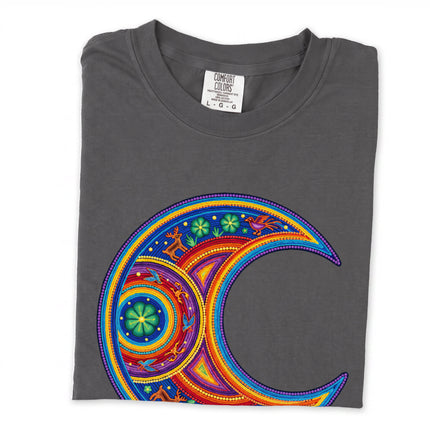 Colorful Huichol crescent moon art print on a long sleeve t-shirt.