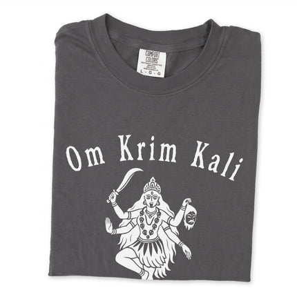 Om Krim Kali mantra graphic t-shirt featuring Hindu Goddess symbols and Sanskrit script print.
