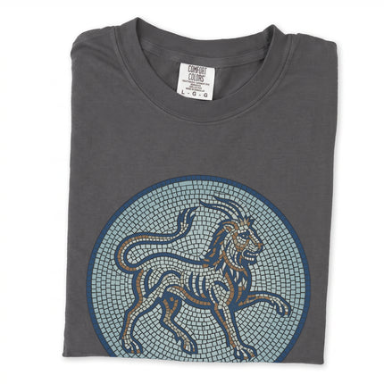 Mosaic blue chimera design featuring a mythical lion and goat creature on a t-shirt.