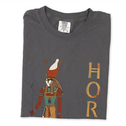 Graphic t-shirt featuring the Egyptian god Horus with detailed hieroglyphic artwork print.