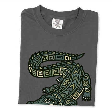 Tribal Mayan crocodile graphic tee shirt featuring indigenous animal art print on a unisex t-shirt.
