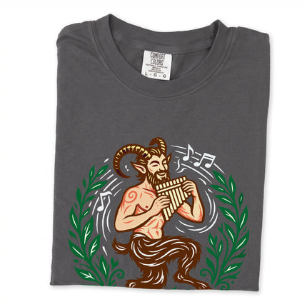 Pan flutist design featuring Greek god mythology and satyr motifs on a comfort colors tee.