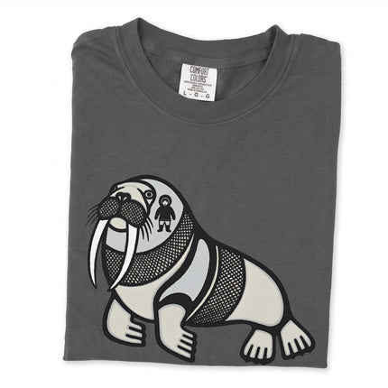 Inuit walrus graphic t-shirt design featuring an arctic indigenous symbol.