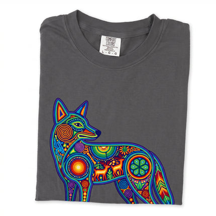 Colorful Huichol art tee featuring an indigenous Mexican coyote graphic design.