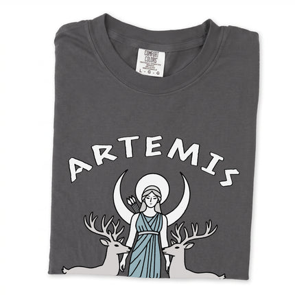 Artemis goddess t-shirt featuring a celestial moon and wild stag design from Greek mythology.
