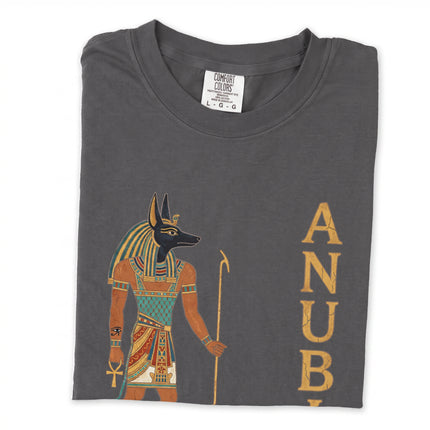 Anubis Egyptian god graphic tee featuring detailed jackal-headed deity art print.