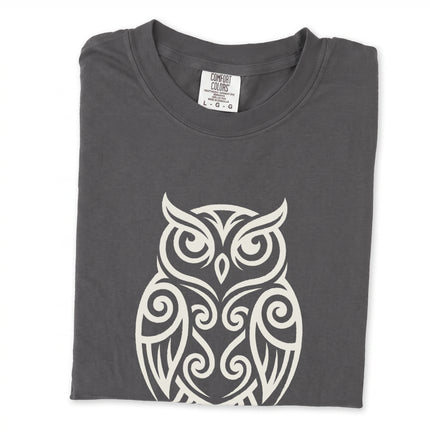 Tribal owl art t-shirt featuring intricate celtic knot wisdom design on unisex tee.