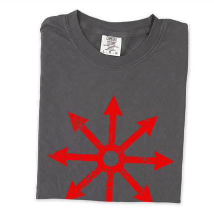 Red eight-arrow symbol graphic on a Chaos Star long sleeve t-shirt.