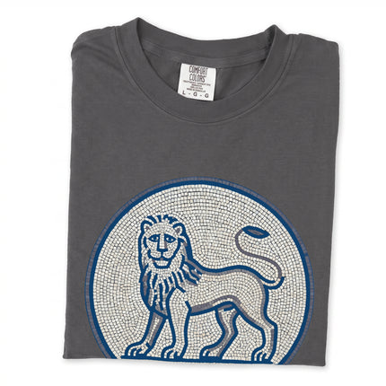 Blue grey mosaic lion graphic design printed on a comfortable ancient animal t-shirt.