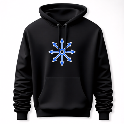 Blue chaos star symbol graphic on a black hooded sweatshirt.
