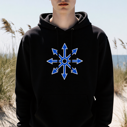 Blue eight-pointed chaos star symbol graphic on black streetwear hoodie.