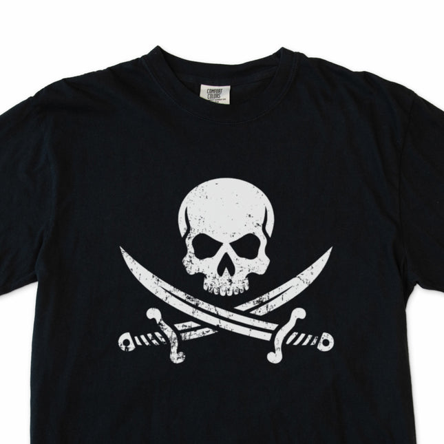 Jolly Roger pirate skull and crossbones flag graphic tee design.