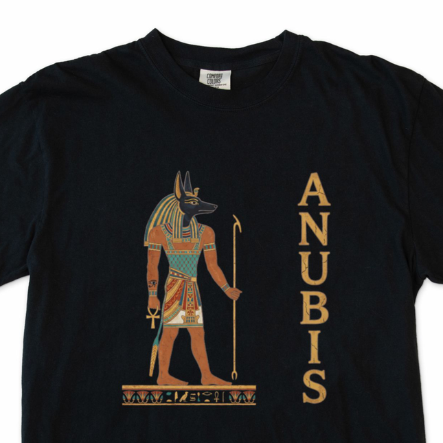 Anubis Egyptian god t-shirt featuring ancient hieroglyphic graphic art design.