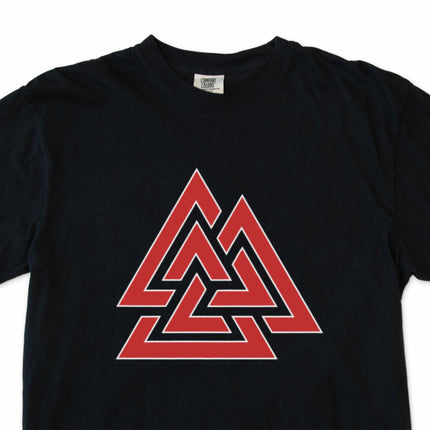 Black t-shirt featuring the Valknut symbol, a Norse Viking graphic design.
