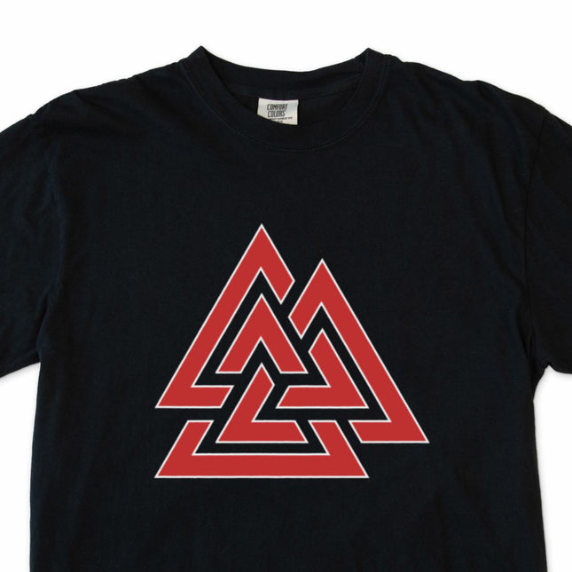 Black t-shirt featuring the Valknut symbol, a Norse Viking graphic design.