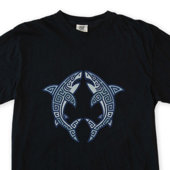 Mayan tribal shark symbol t-shirt with geometric ocean life graphic design.