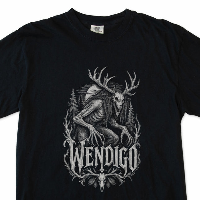 Monochrome Wendigo horror art tee featuring the antlered forest creature design.