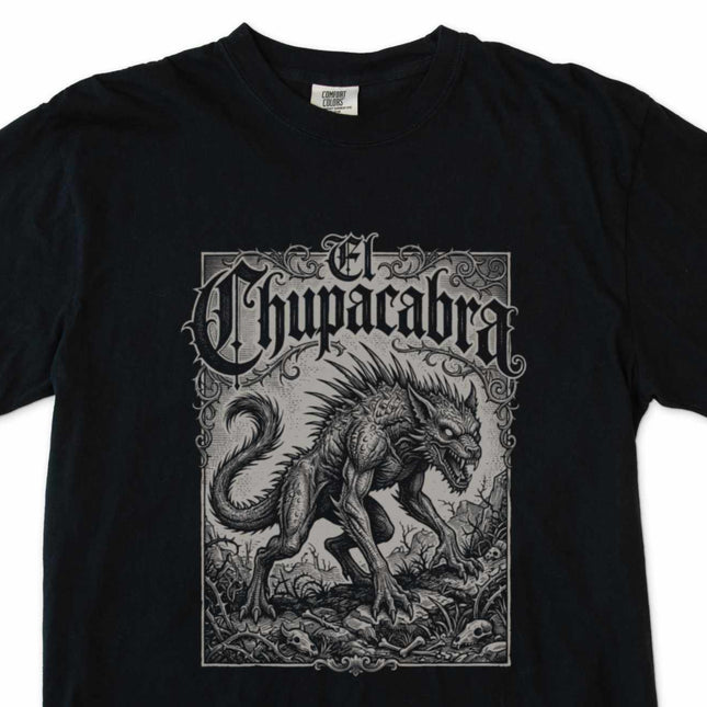 Vintage horror art t-shirt graphic featuring the El Chupacabra cryptid creature design.