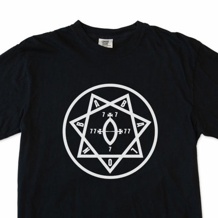 Thelema Star of Babalon occult symbol graphic t-shirt print featuring magick and esoteric design.