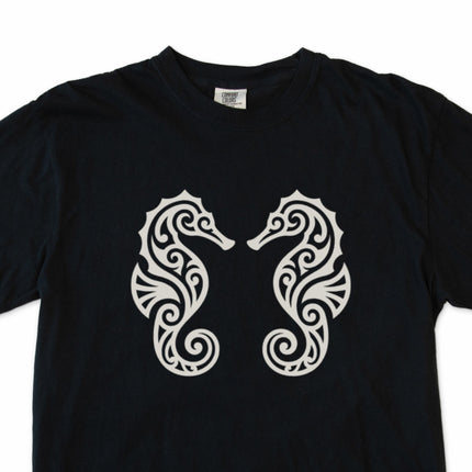 Ornate tribal seahorse and marine life graphic tee shirt design.