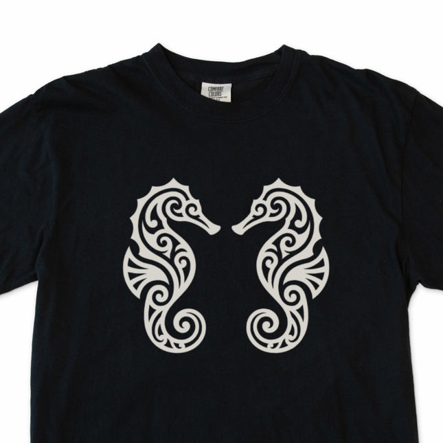 Ornate tribal seahorse and marine life graphic tee shirt design.