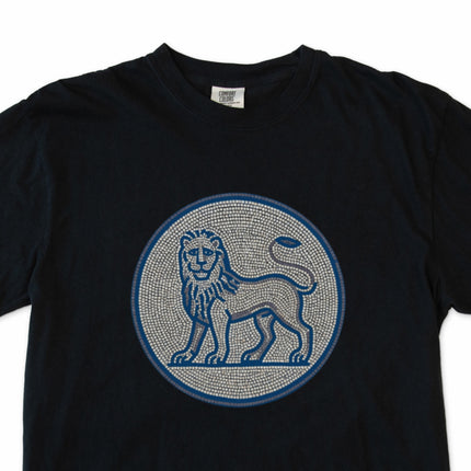 Blue grey mosaic lion graphic t-shirt. Ancient animal design on a comfortable tee.