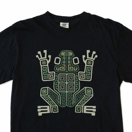 Tribal art t-shirt featuring an ancient Mayan geometric frog symbol design.