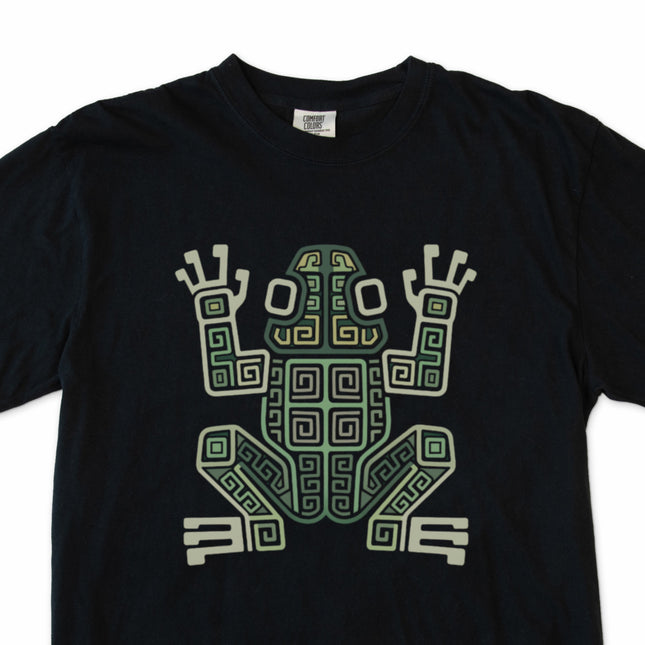 Tribal art t-shirt featuring an ancient Mayan geometric frog symbol design.
