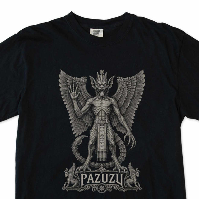 Black t-shirt with Pazuzu, the winged Mesopotamian demon, illustration and ornate gothic lettering.