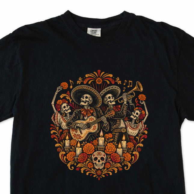 Day of the Dead skeleton musicians and marigold art print t-shirt design.