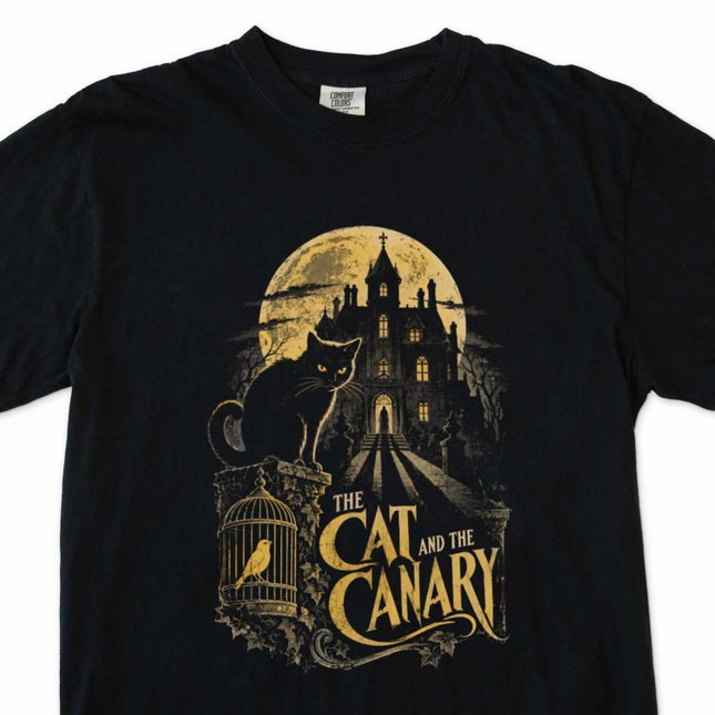 Gothic "Cat and Canary" moonlit mansion artwork t-shirt graphic.