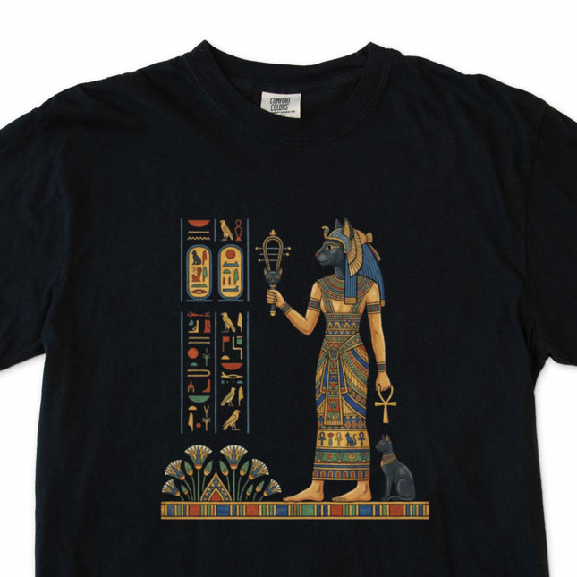 Egyptian goddess Bastet graphic tee featuring ancient Egyptian history art design.