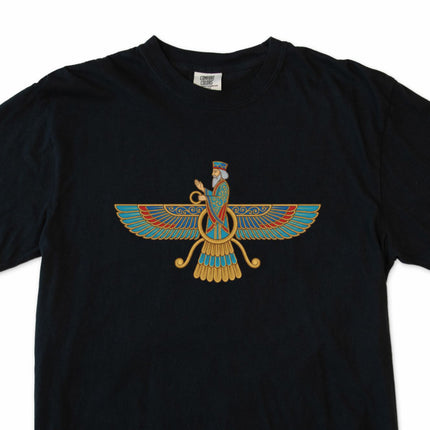 Faravahar symbol graphic t-shirt, ancient Persian Zoroastrian design on black fabric.
