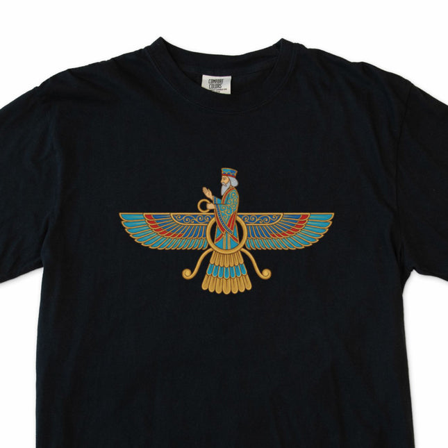 Faravahar symbol graphic t-shirt, ancient Persian Zoroastrian design on black fabric.
