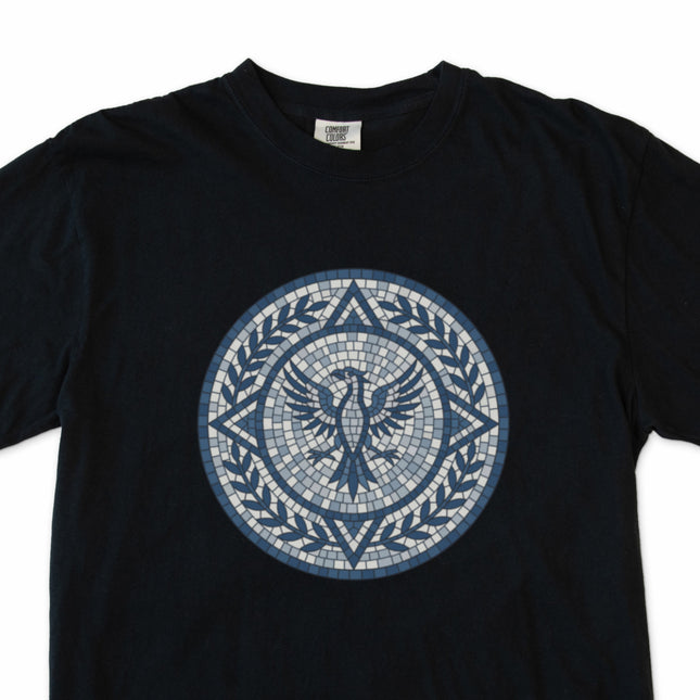 Blue mosaic phoenix graphic tee featuring Roman style mythological bird art.