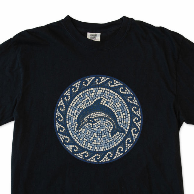 Blue dolphin mosaic t-shirt with Greek key marine sea life design.