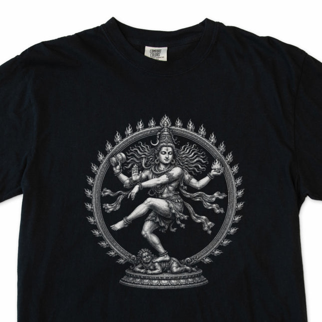 Dancing Shiva Nataraja illustration on a tee. Hindu mythology Tandava cosmic dance art.