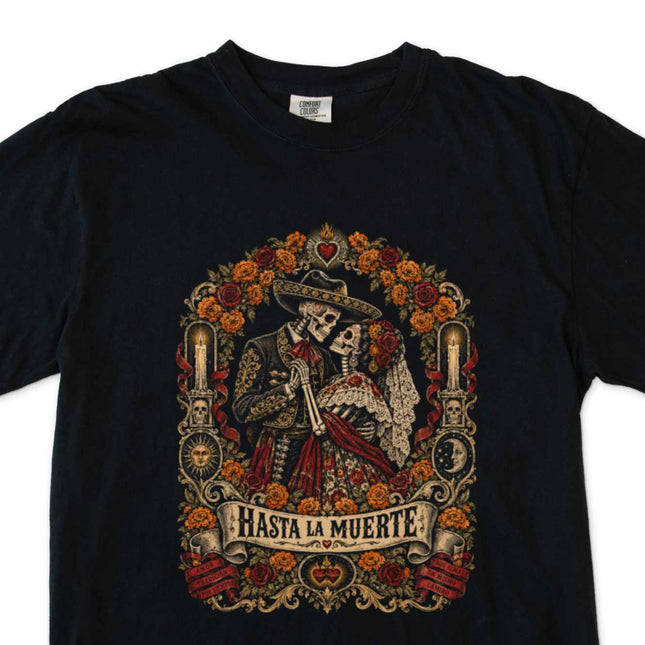Hasta La Muerte skeleton couple graphic tee featuring floral romance design.