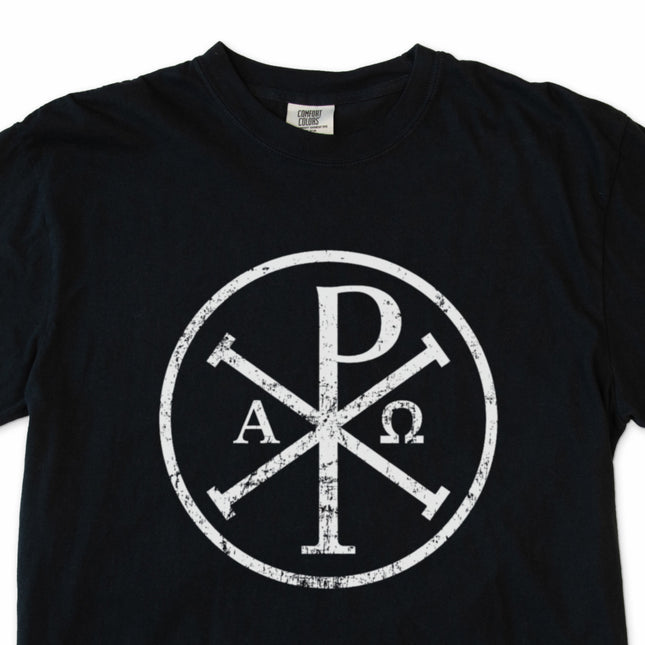 Byzantine Chi Rho symbol graphic tee featuring early Christian art design.