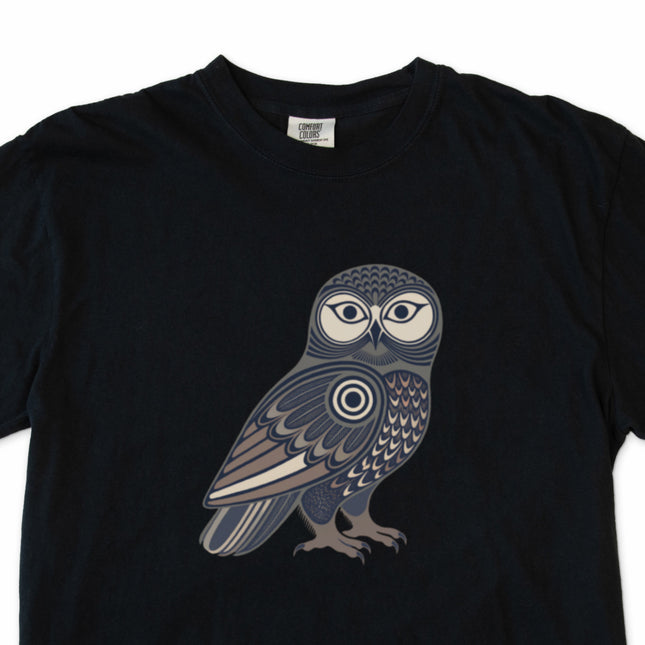 Inuit inspired owl graphic t-shirt featuring geometric tribal bird art.
