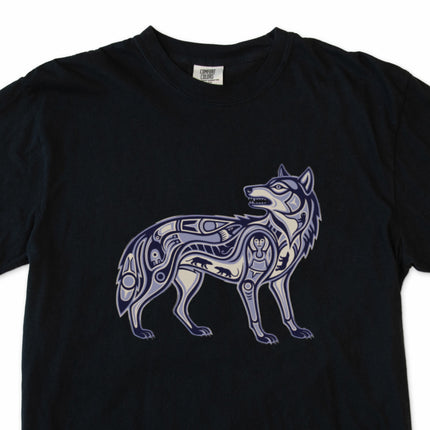 Tribal wolf symbol graphic tee shirt featuring Inuit-inspired art on black fabric.