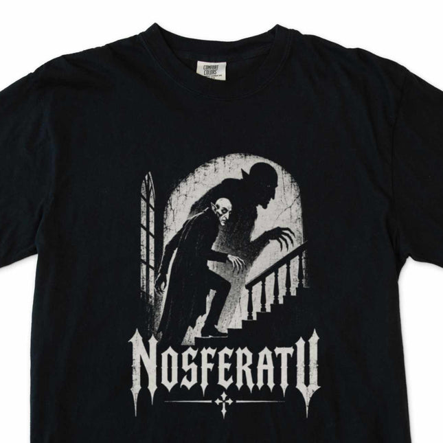 Gothic Nosferatu vampire t-shirt design with dramatic staircase shadow art.