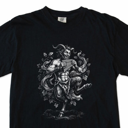 Greek mythology Pan satyr art graphic tee featuring a flute-playing satyr design.