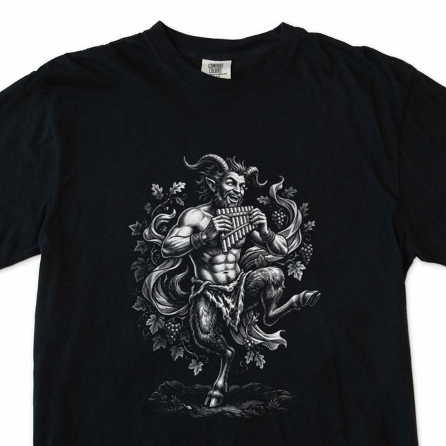 Greek mythology Pan satyr art graphic tee featuring a flute-playing satyr design.