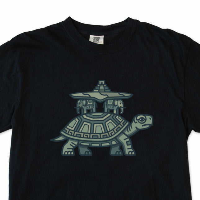 World Turtle Mayan temple graphic tee shirt featuring ancient mythology design print.